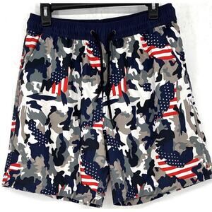 Red Wht Blue Americana Mens L Red Drawstring Elastic 250th BDAY Swim Trunk Mesh